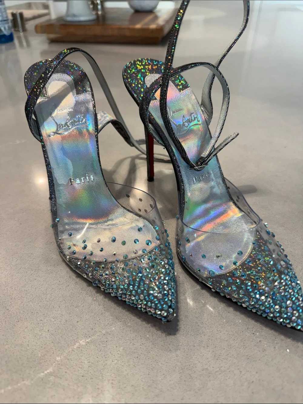Christian Louboutin Iridescent Blue Crystal Pointed Slingbacks
